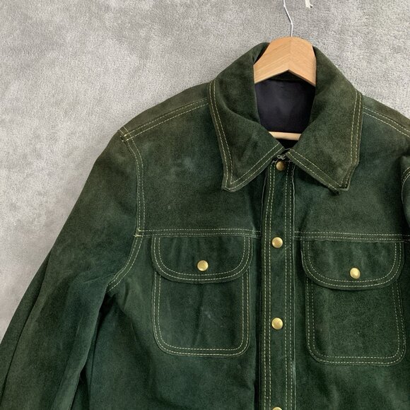 Vintage BUCKBOARD Jacket Mens 42 Green Yellow Stitching Button Snap Leather 70’s - Picture 4 of 16